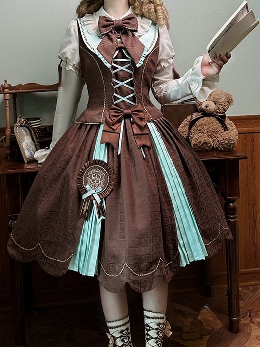 Scoop Scalloped Dress Chocolate Sweet Mint Hem with Lolita Neckline Edge Green