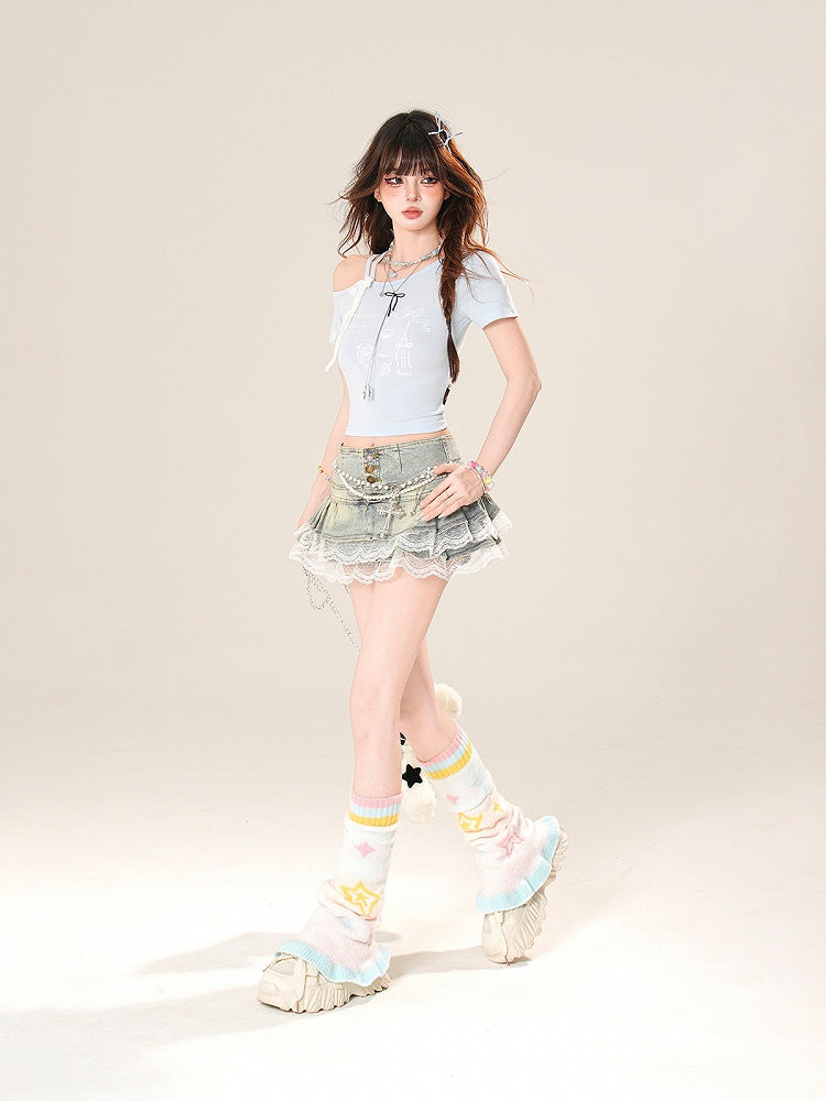 Print Letter Asymmetrical Neckline with Blue T-Shirt