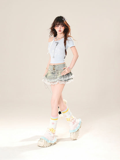 T-Shirt Print Asymmetrical Letter Blue Neckline with