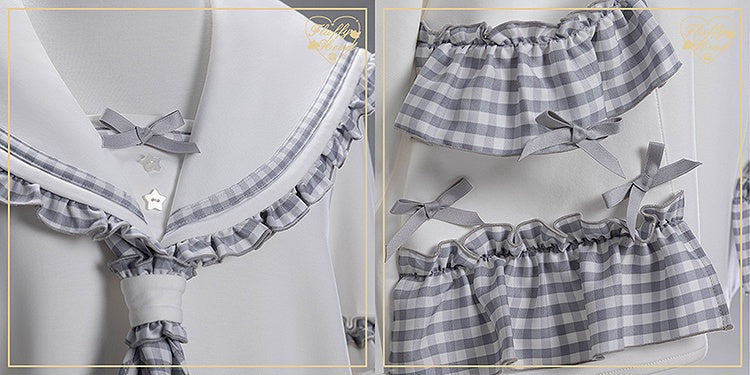 Free Jirai Blue Sailor Dusty Tie Collar Ruffles Sweatshirt Plaid Kei with