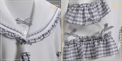 Free Jirai Blue Sailor Dusty Tie Collar Ruffles Sweatshirt Plaid Kei with