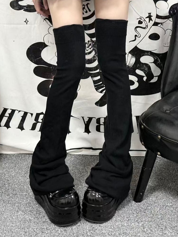 Kei Jirai Ruffle with Loose Ribbed Trim Design Warmers Leg Black Thigh-Length Thick Version