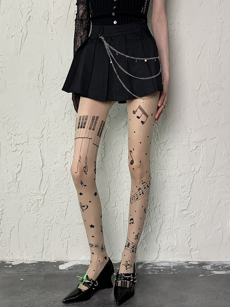 Print Strumpfhose Polka-Dot Piano Star Nude Y2K Muster Note