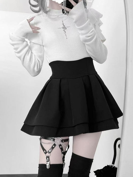 White Embroidery Neck Knit Mock Flutter Gothic Top Sleeves Snake with
