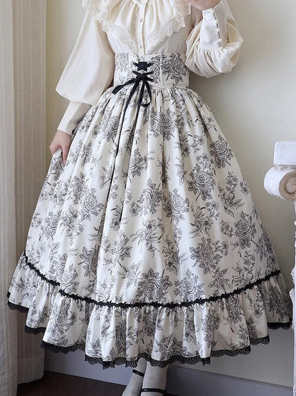 Lace Rosette Print Black Lolita Elegant Waist High with Trim Beige Boned Classic Skirt