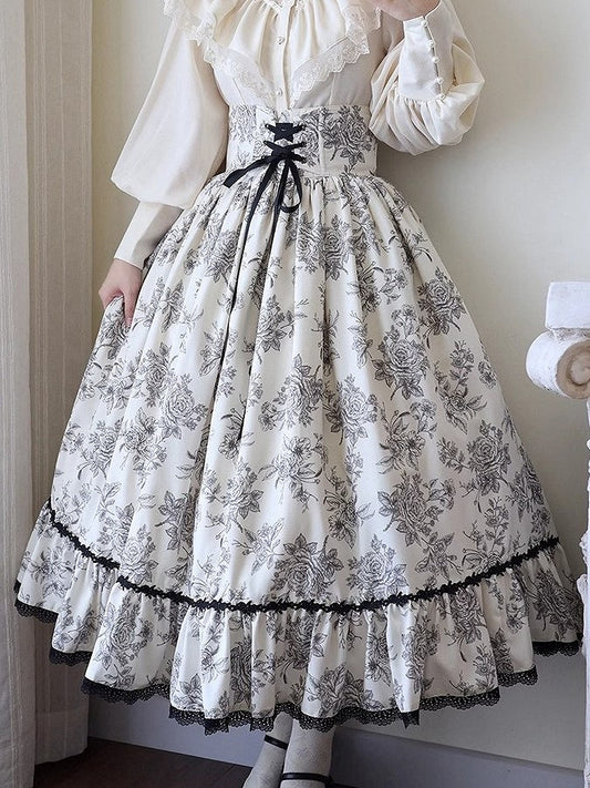 Lace Rosette Print Black Lolita Elegant Waist High with Trim Beige Boned Classic Skirt