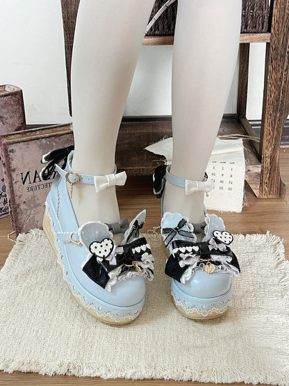 Kawaii Lolita Black & Blue Round Toe Platform Shoes with Rabbit Ear Detail - Cheese Mango