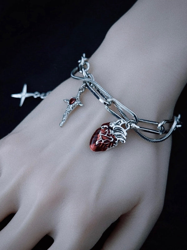 Charm Bracelet Silver Cross and Heart Gothic Handmade