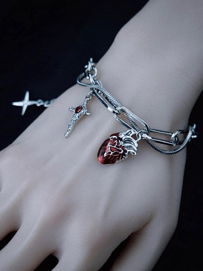Charm Bracelet Silver Cross and Heart Gothic Handmade