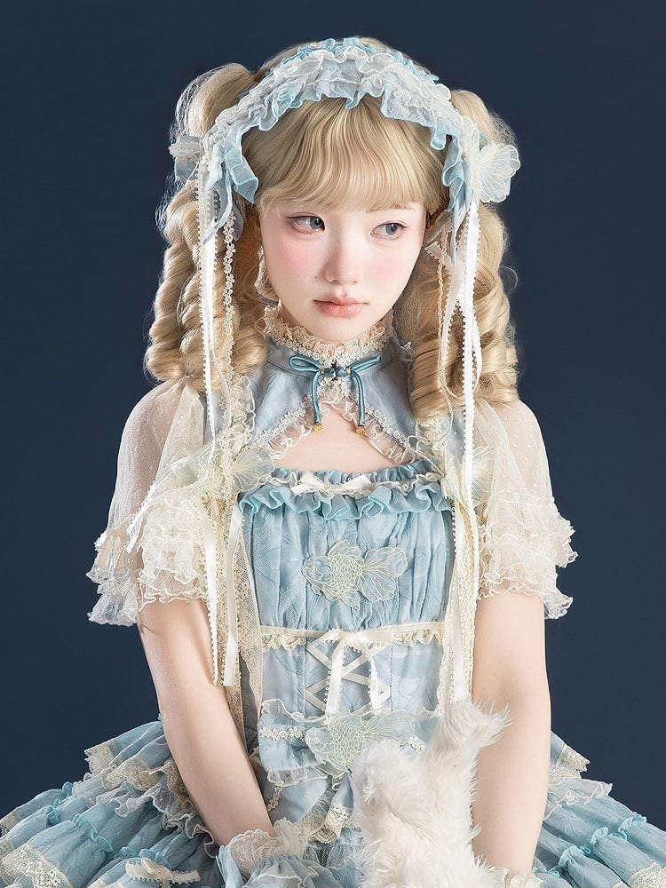 Embroidery Hairband Lolita Applique with Sweet Goldfish and Ribbon Ruffled Pink/Green/Blue