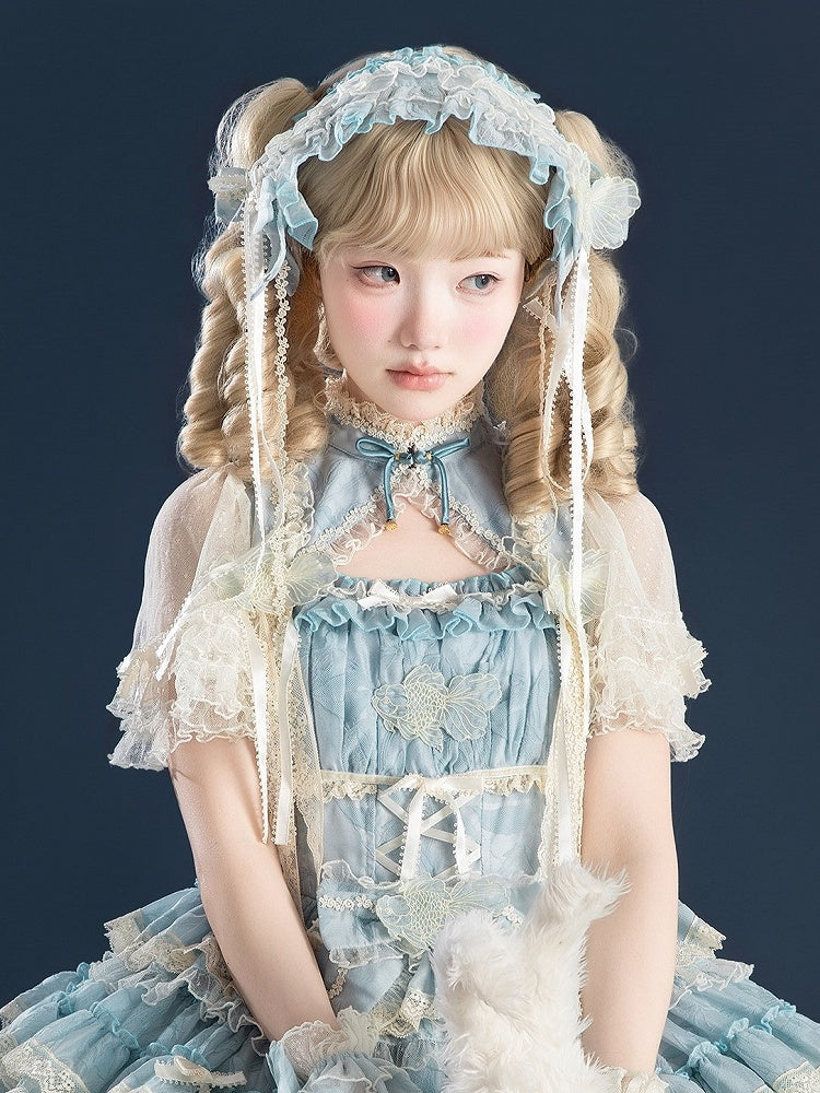 with Applique and Hairband Pink/Green/Blue Sweet Goldfish Lolita Embroidery Ribbon Ruffled