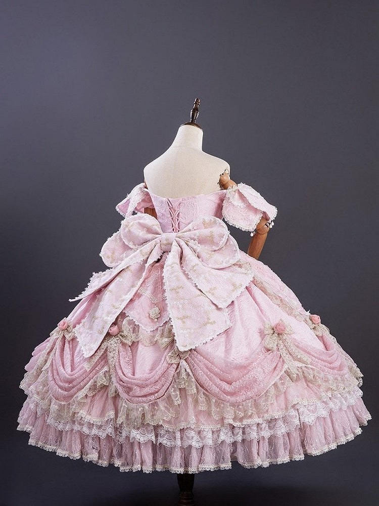 Version Details Ruffles Hanayome Pink Short with and Layered Hime Gown Bow Lace Lolita Off-Shoulder