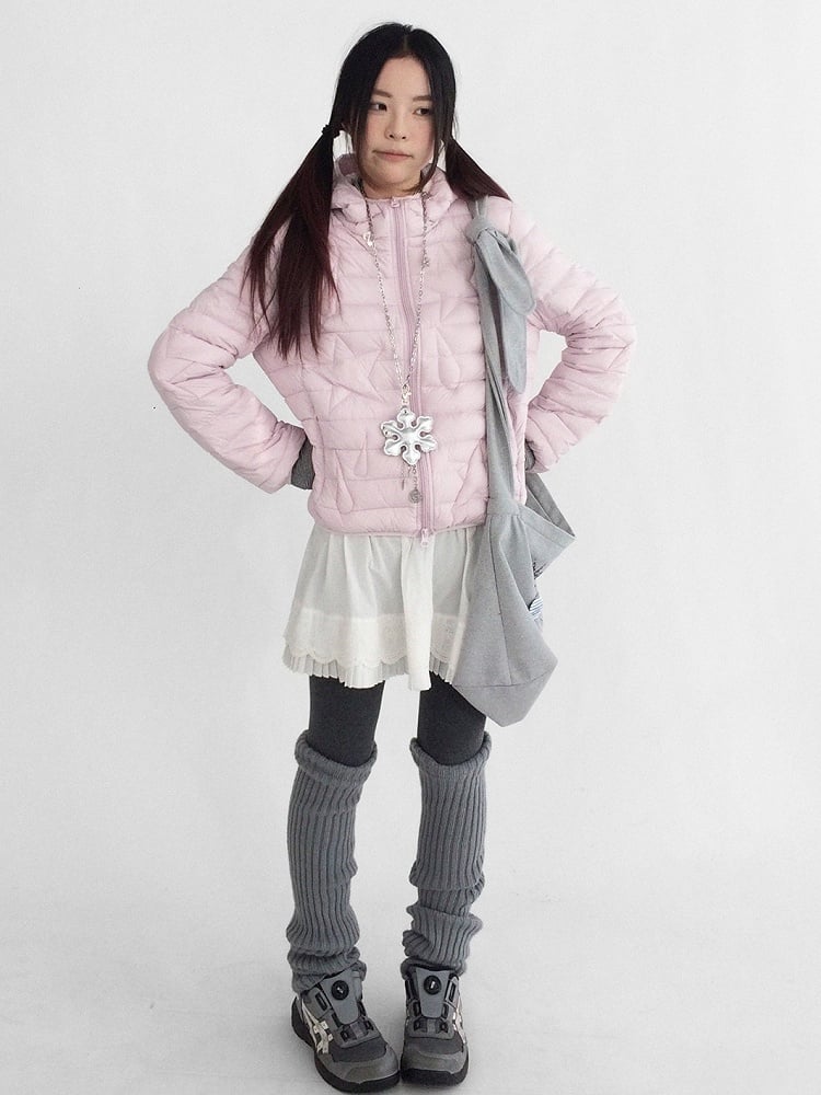 with Star Pink Hoodie Kawaii Front in Daily Pattern Closure Zipper Teardrop Jacket