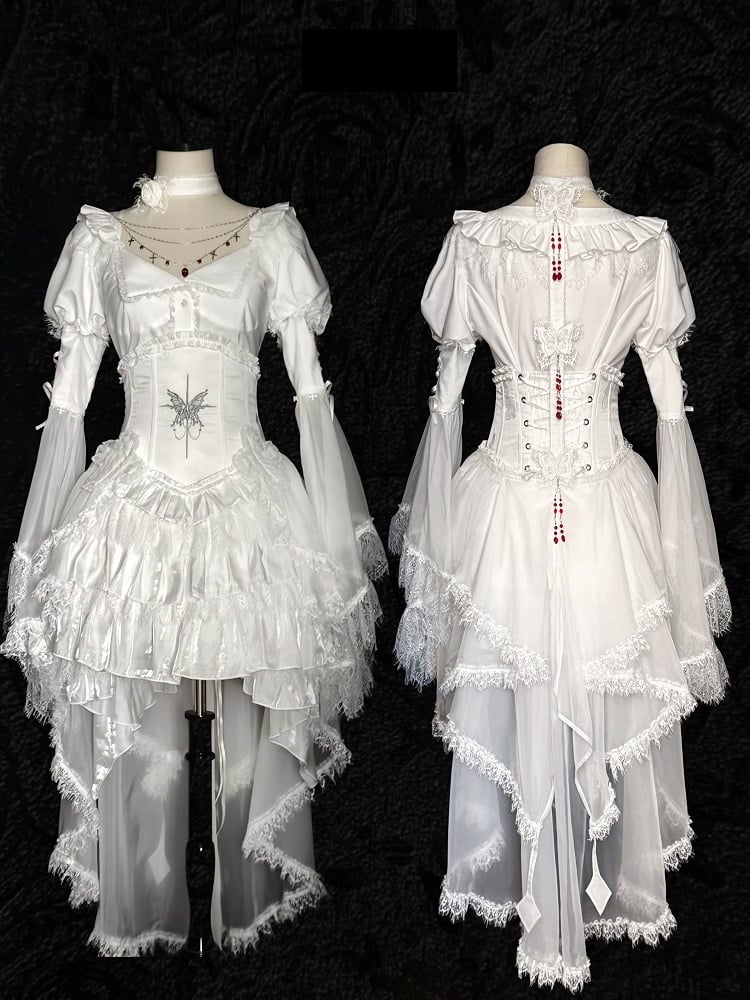 with Cascading Gothic White Butterfly Accents Ruffle Train Red Bead Lolita + Choker