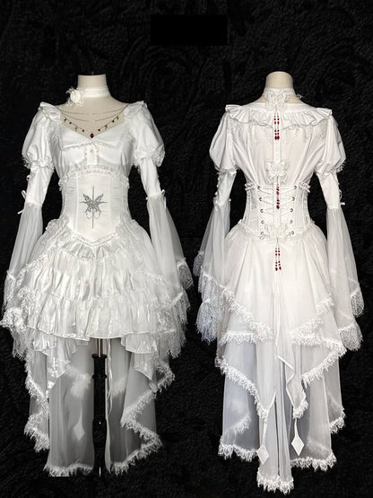 with Cascading Gothic White Butterfly Accents Ruffle Train Red Bead Lolita + Choker