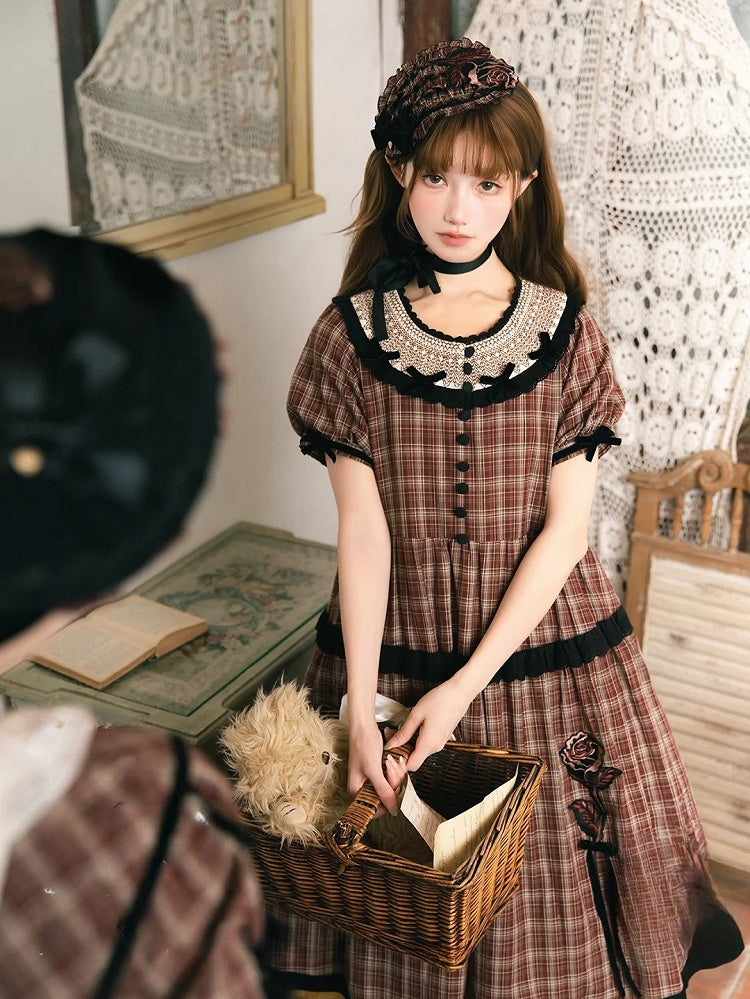 Black Plaid Dress Rose Trim Red Classic Elegant Lolita with Embroidery Short and Sleeves