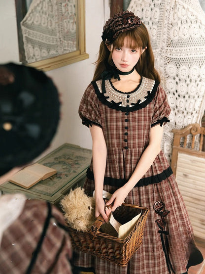 Black Plaid Dress Rose Trim Red Classic Elegant Lolita with Embroidery Short and Sleeves