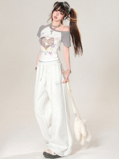 Stickerei Hell Weites Bein Grau Und Schnitt Buchstabenhose Trim Herz Spitze