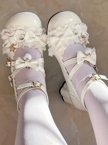 in with White PU Mid-heel Janes Mary Leather Bow Accents