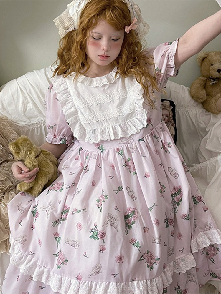 Rosa Hauskleid mit Puffärmeln und Blumendruck