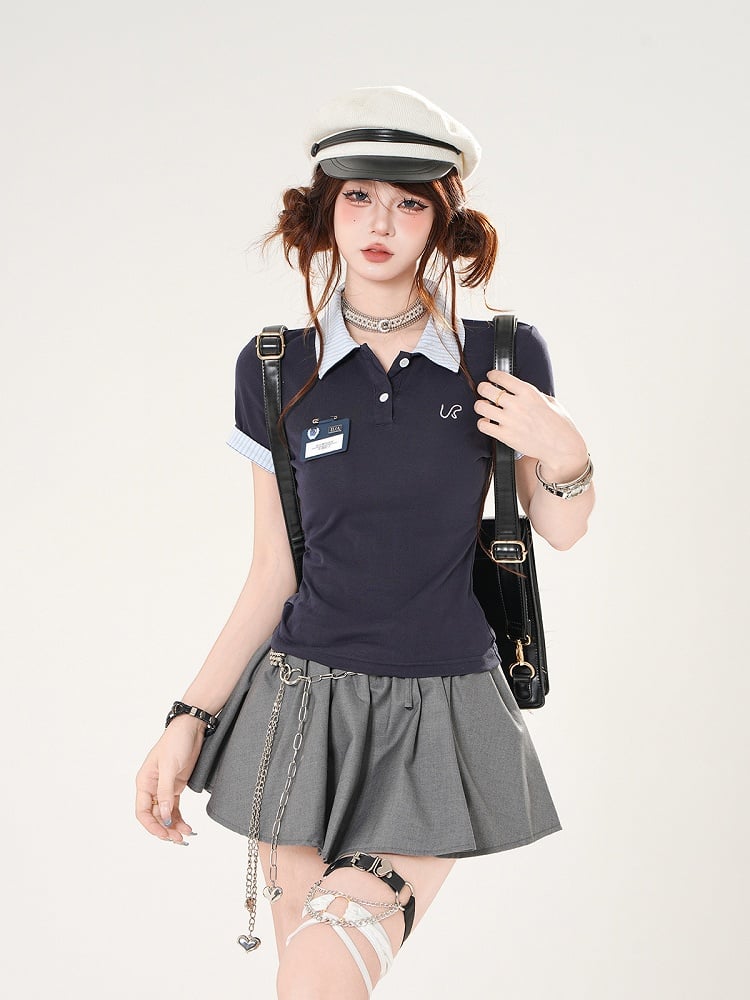 Preppy Style Red/Navy Polo Collar Slim-fitting T-shirt Blue