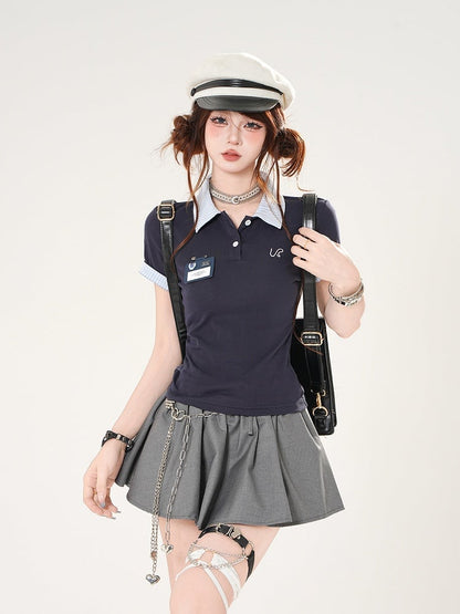 Preppy Style Red/Navy Polo Collar Slim-fitting T-shirt Blue