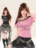 Asymmetrical Neckline Faux Two-pieces Graphic T-Shirt Pink/Black