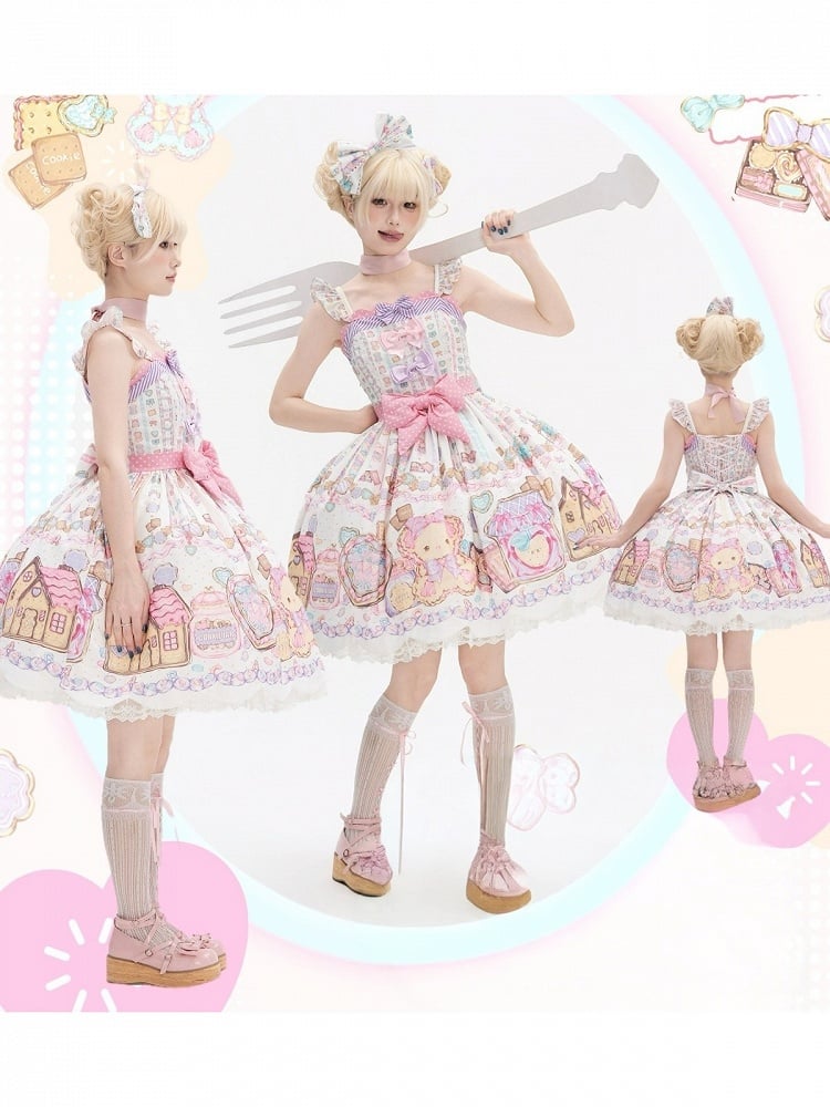 Adorable White Bear-Print Lace JSK with Ribbon Embellishments - Sweet Dream Shop