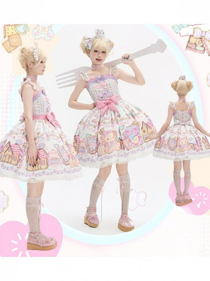 Adorable White Bear-Print Lace JSK with Ribbon Embellishments - Sweet Dream Shop