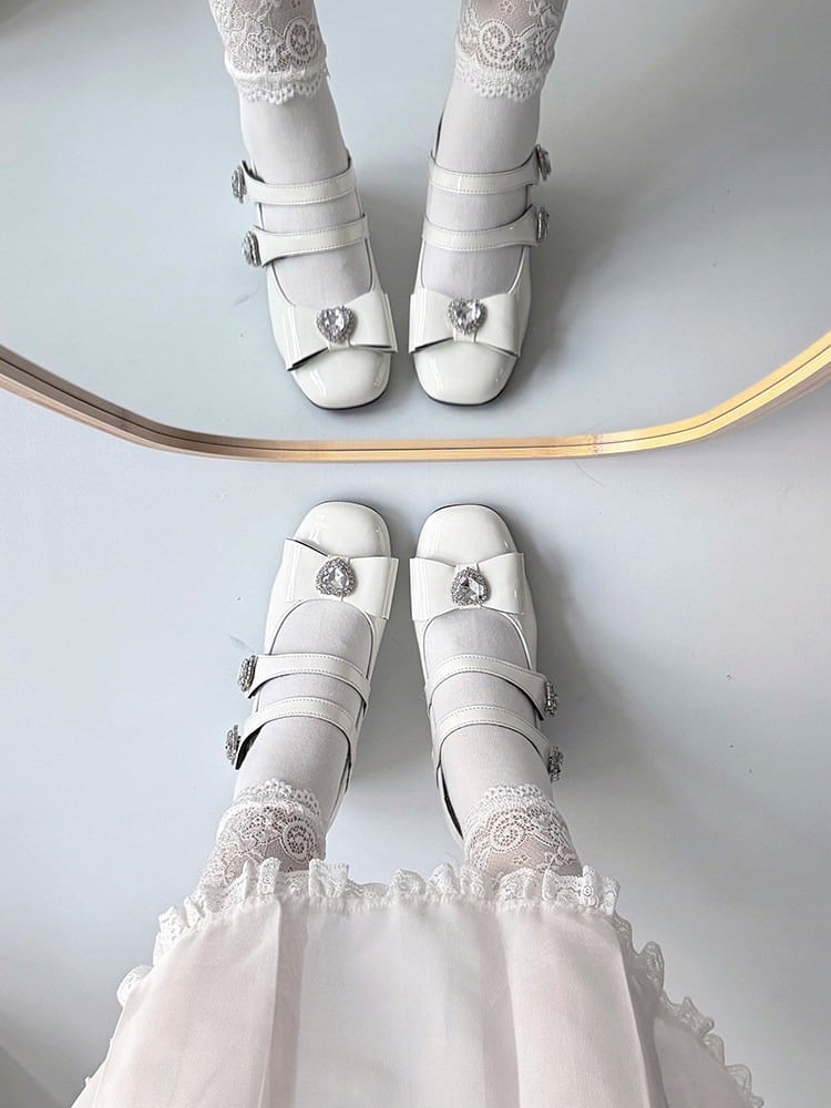 Elegant White Crystal Embellished Square Toe Mary Jane Shoes with Heart Buckle Straps - Transfer Student