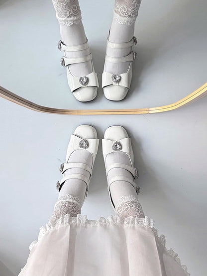 Elegant White Crystal Embellished Square Toe Mary Jane Shoes with Heart Buckle Straps - Transfer Student