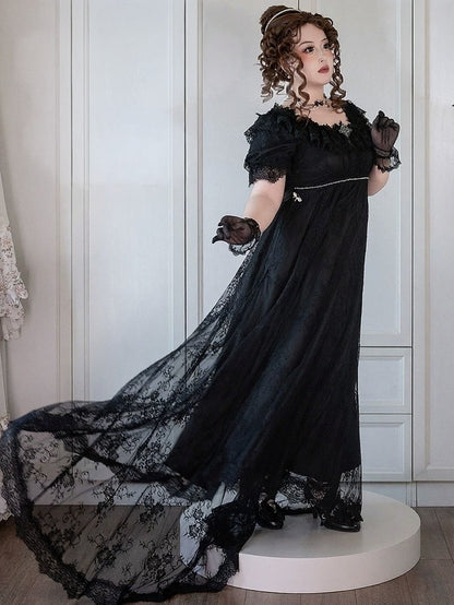 Black Square Neck Plus-Size OP Dress with Lace Accents - He Zi Has a Cat