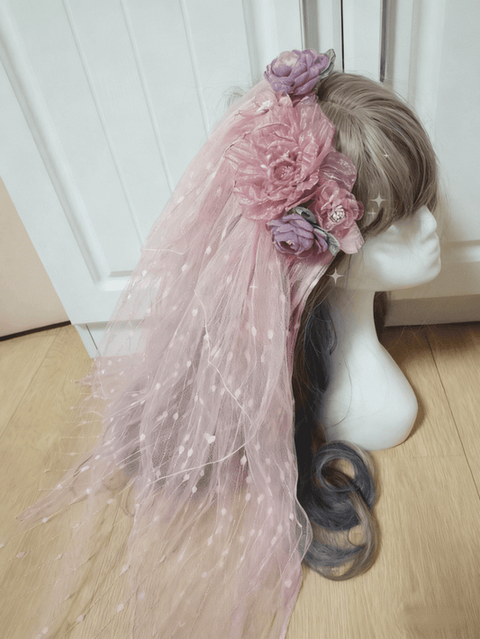 Dreamy Floral Pink-Purple Tulle Lolita Veil Polka Dot