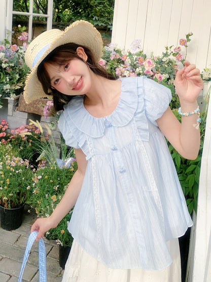 スイートライトブラウス ブルー ピーターパンカラー パフスリーブ