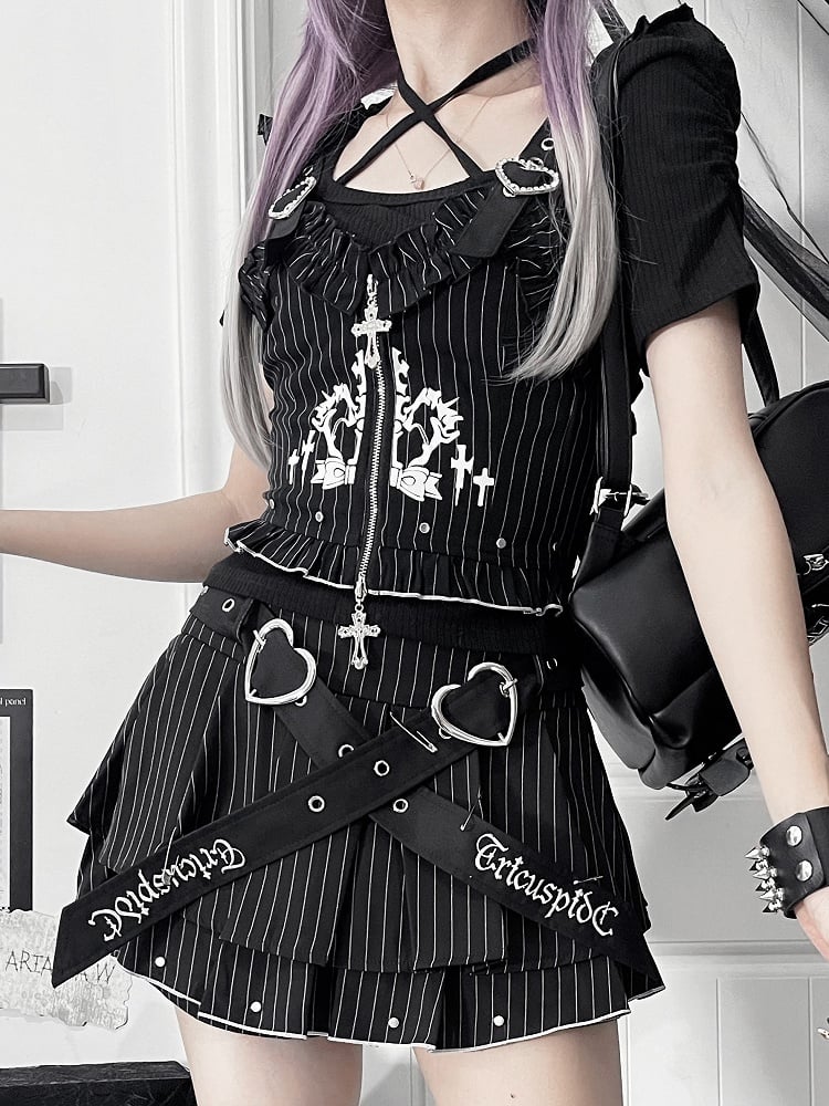 Vest Buckle Cross Gothic White Ruffled Zipper Straps Black with Striped Heart