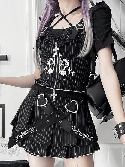 Vest Buckle Cross Gothic White Ruffled Zipper Straps Black with Striped Heart