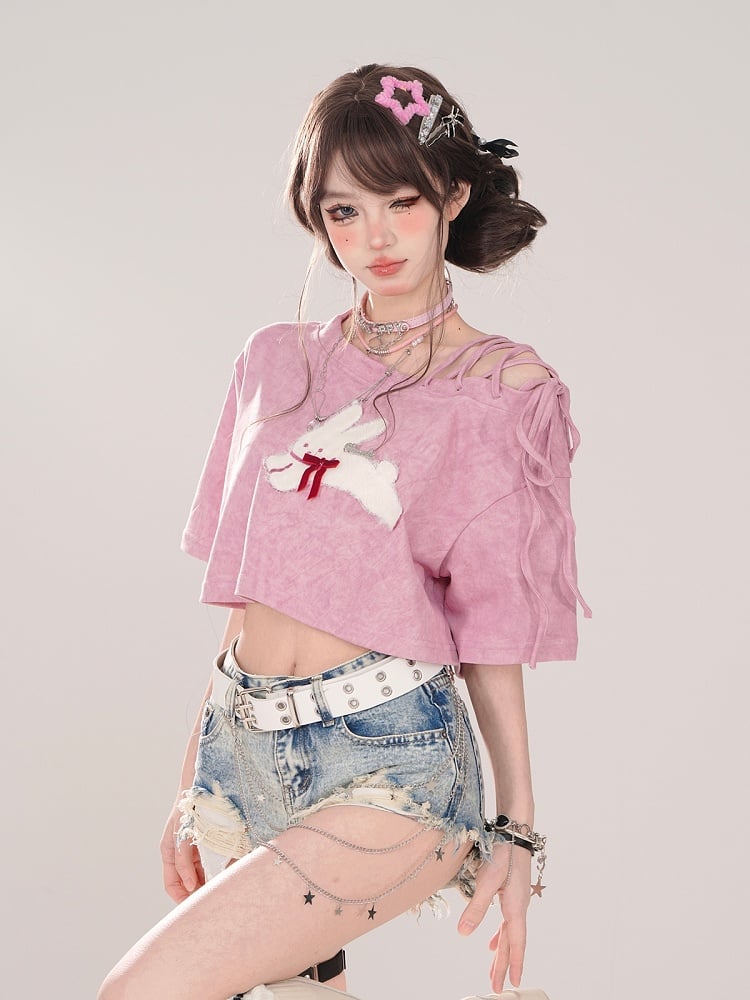 Embroidery Pink Asymmetrical Neckline Lace-Up Cropped T-shirt with Bunny