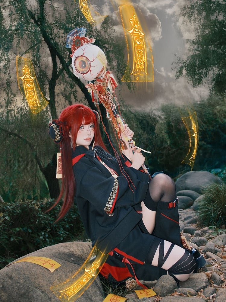 Black Techwear Elastic Waist Shorts with Draping Red Snap Straps