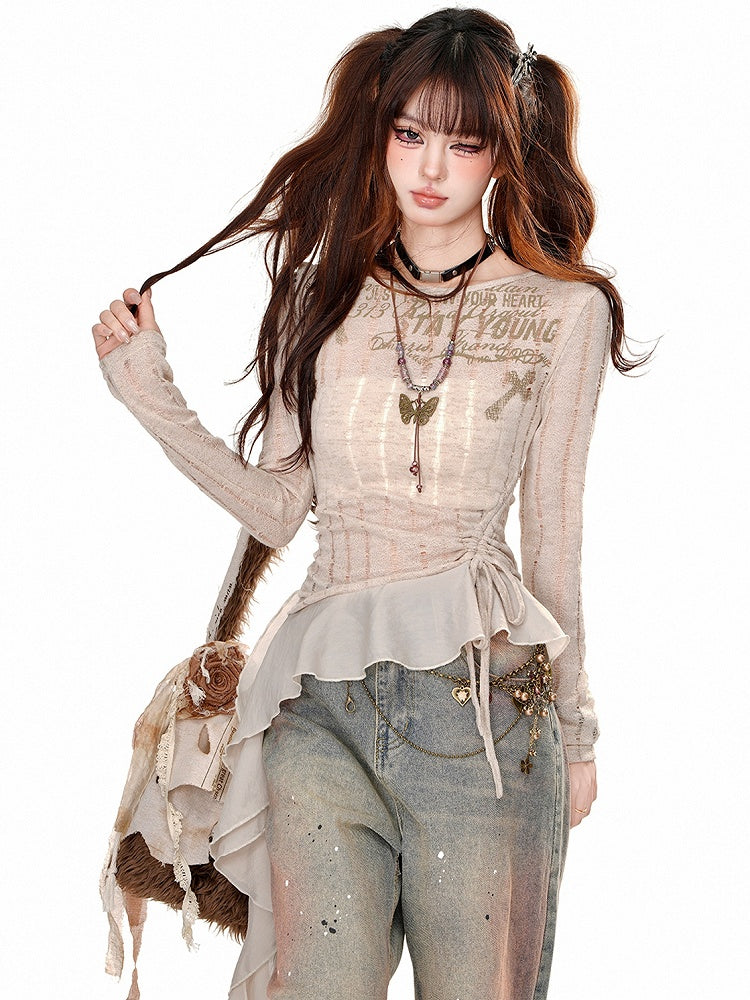 Black/Apricot Drawstring Waist Slim Fit Top with Asymmetrical Ruffle Hem