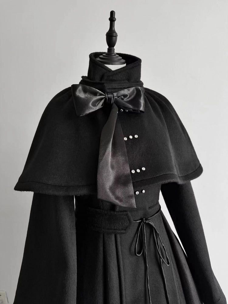 Gothic High and Cape Collar Black Lolita Woolen Furry with Detachable Coat Cuffs Winter