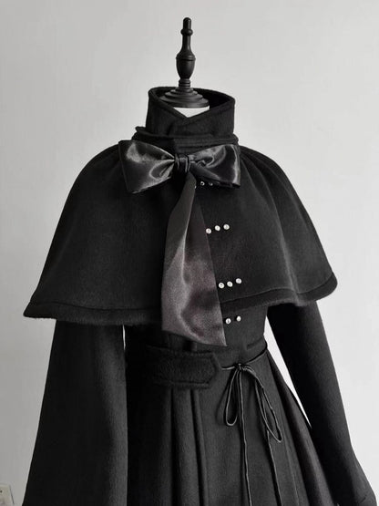 Gothic High and Cape Collar Black Lolita Woolen Furry with Detachable Coat Cuffs Winter