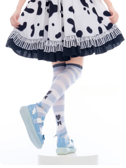 Blue & White Stripes Bow and Heart Print Over Knee Stockings