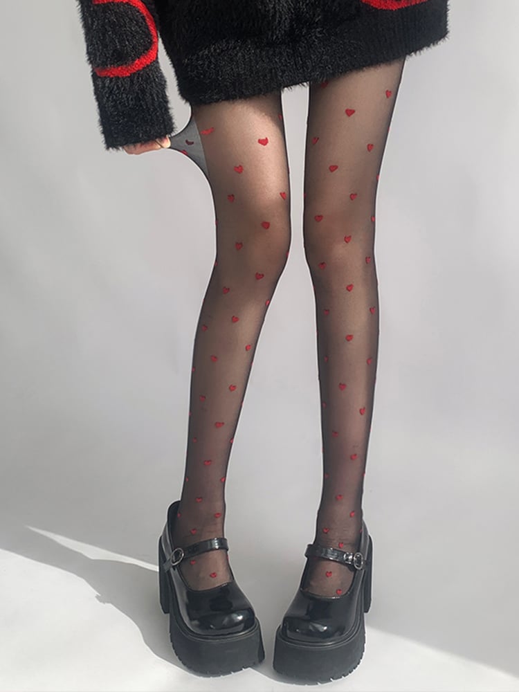 Black Pattern Red with Heart Tights
