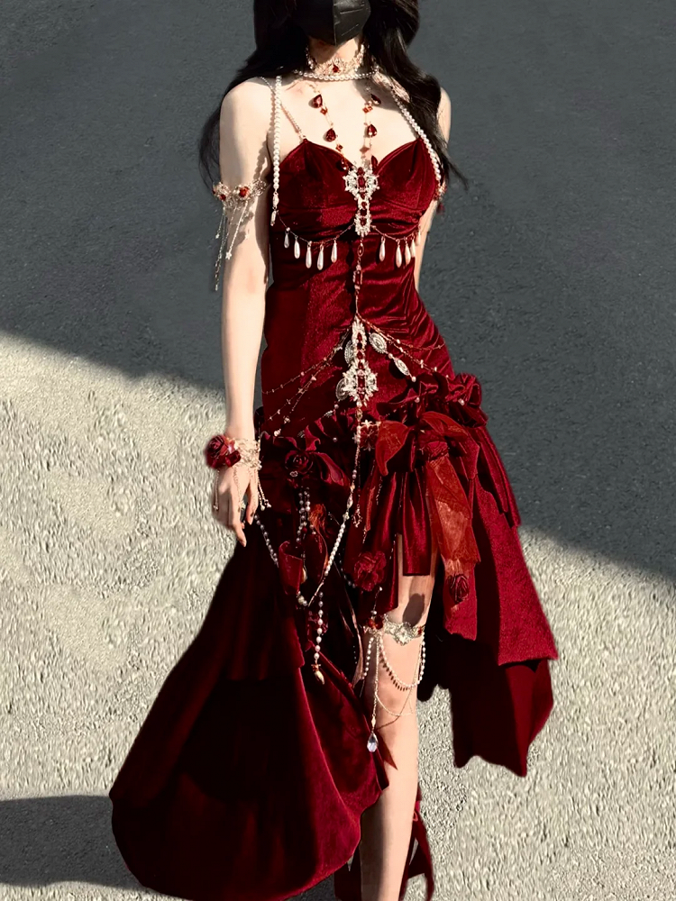 Backless Red Velvet Siren Mermaid Formal Gown - signorina