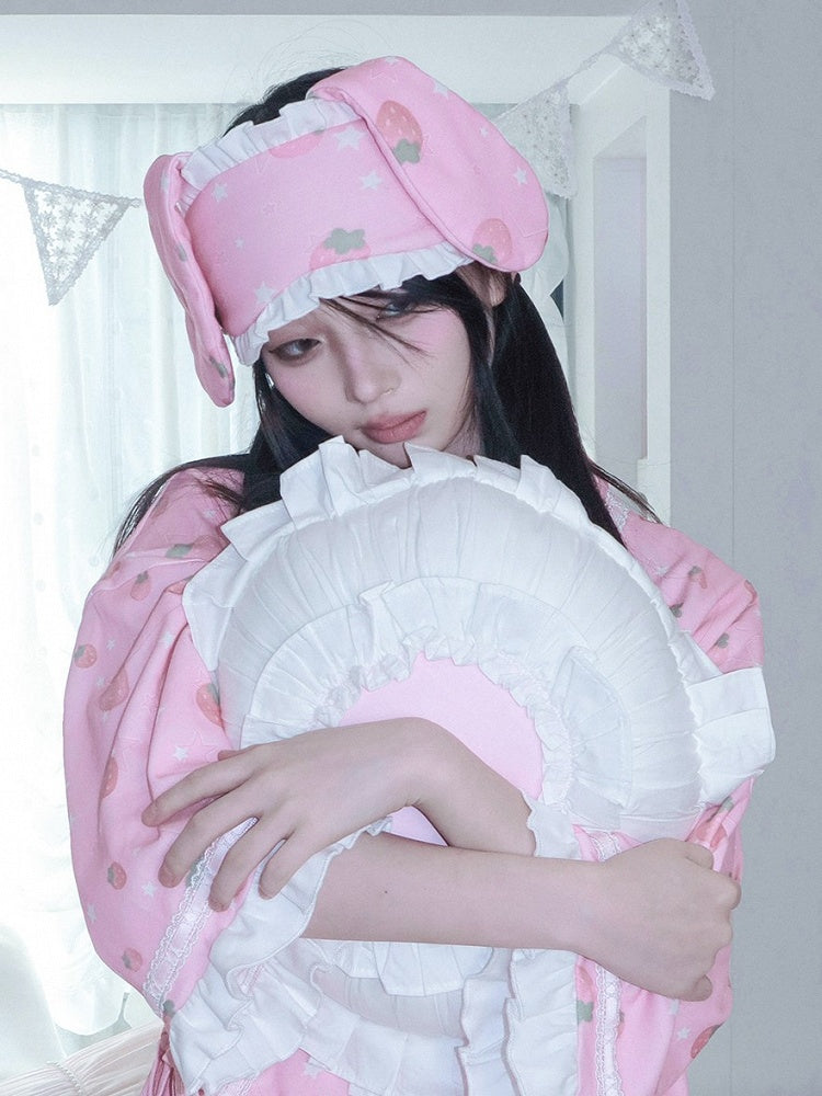 Masque à volants rose et blanc imprimé lapin fraise avec œil et oreille