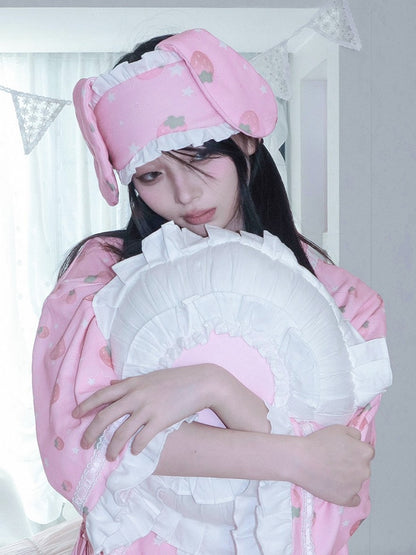 Masque à volants rose et blanc imprimé lapin fraise avec œil et oreille