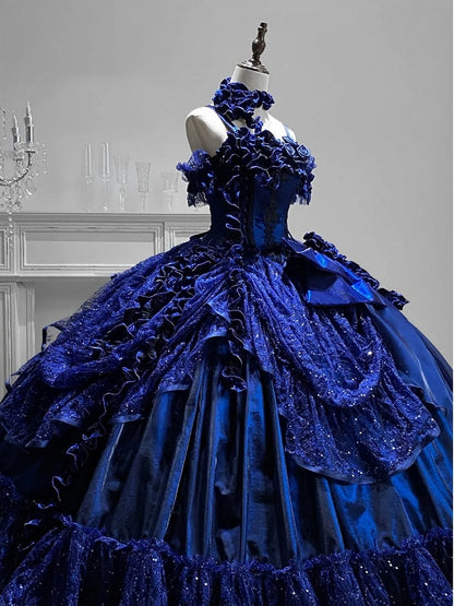Sternennacht Dunkelblau Hanayome Rosen Ausschnitt Stäbchen Mieder Bodenlanges Lolita Goth Kleid Ballkleid