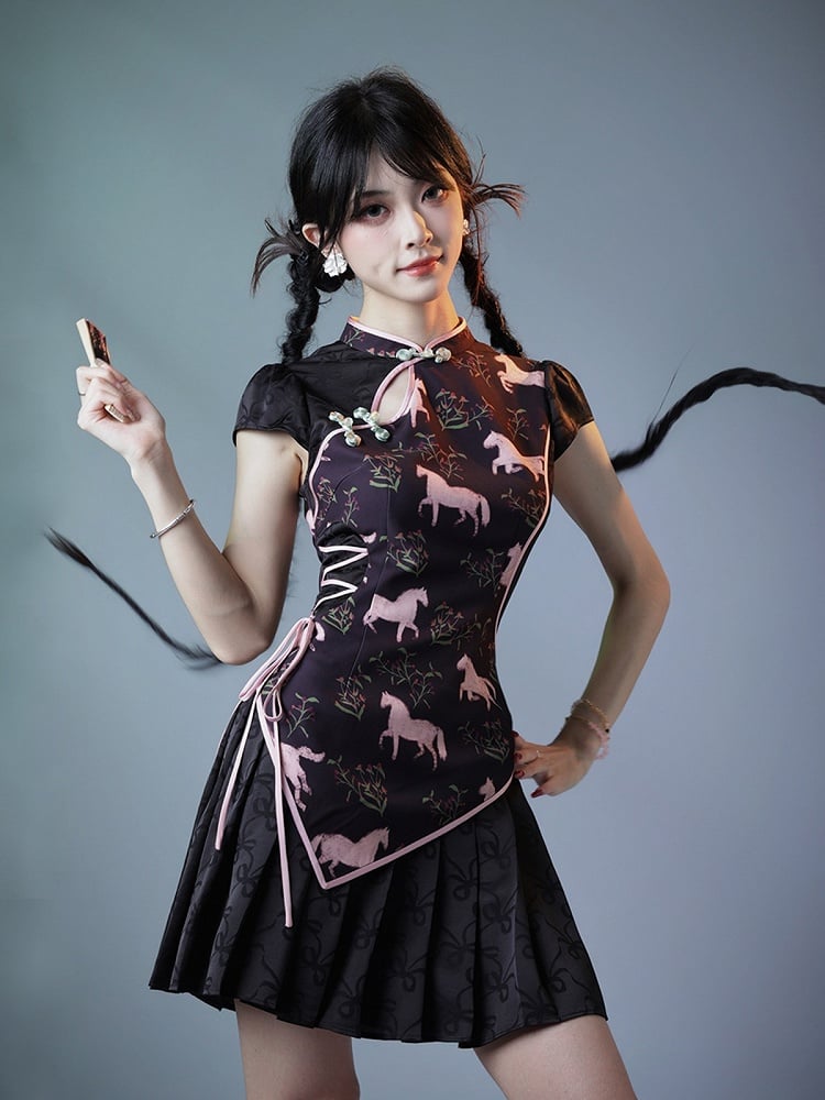 Sweet Cheongsam Dress with Horse Pattern & Pleated Skirt - sijinstudio