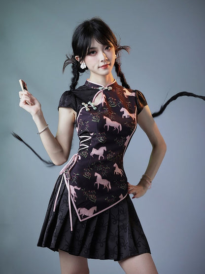 Sweet Cheongsam Dress with Horse Pattern & Pleated Skirt - sijinstudio