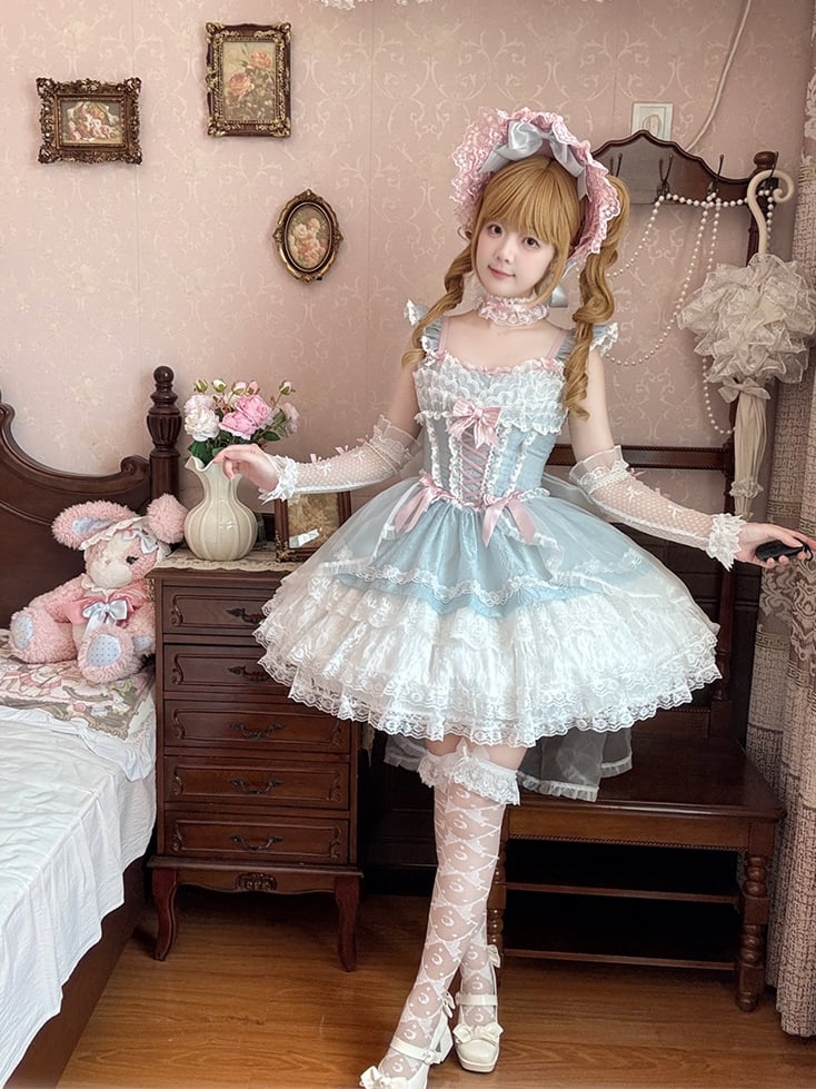 Leichter Stufenrock Blau Balletcore Sweet Lolita Pullover Flatterärmel Dreilagig